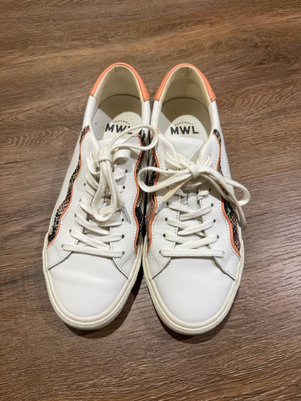 Madewell Sidewalk White Leather Sneakers with Peach Trim and Snake-Print Accent - Picture 2 of 9